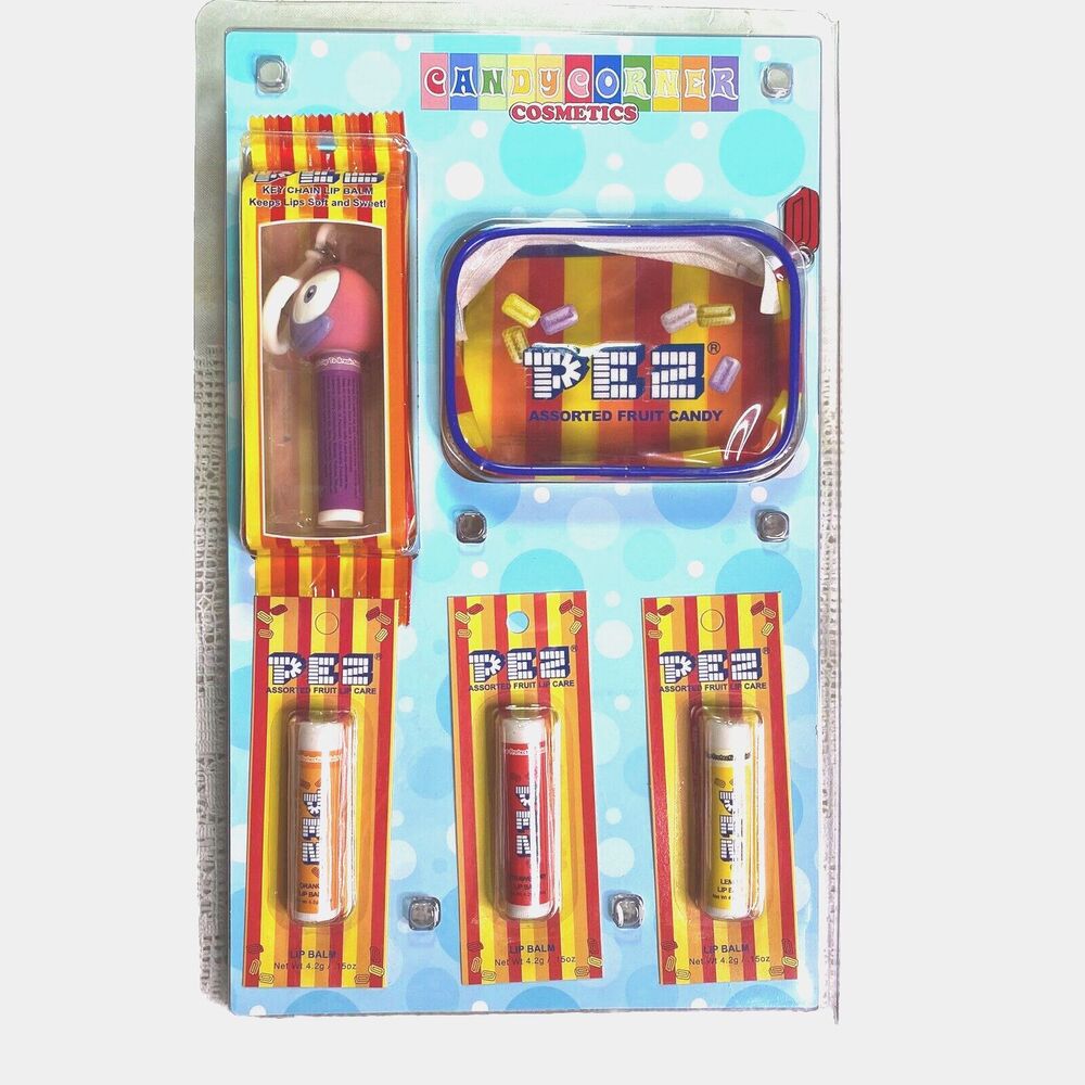 PEZ Candy Corner Cosmetics Clip-On Lip Balm & Zipper Case Pouch Set Vintage 2003